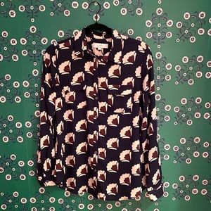 Loft Vintage Inspired Deep Navy Button Down Blouse with Pink Floral Pattern